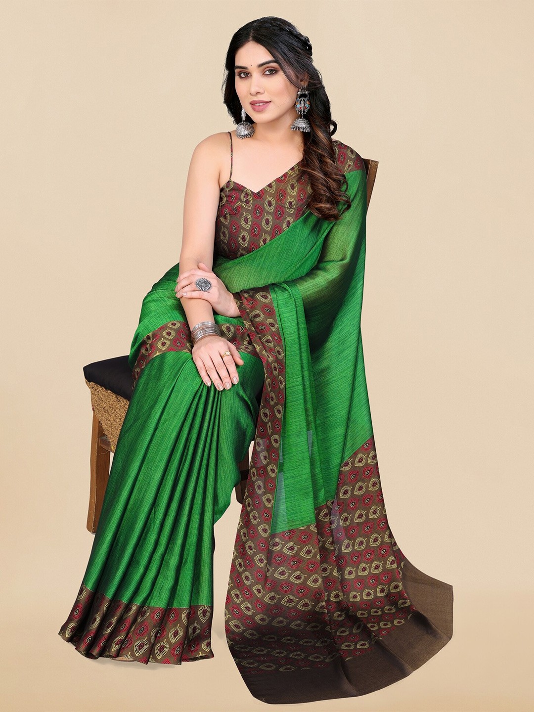 

KALINI Printed Border Saree, Green