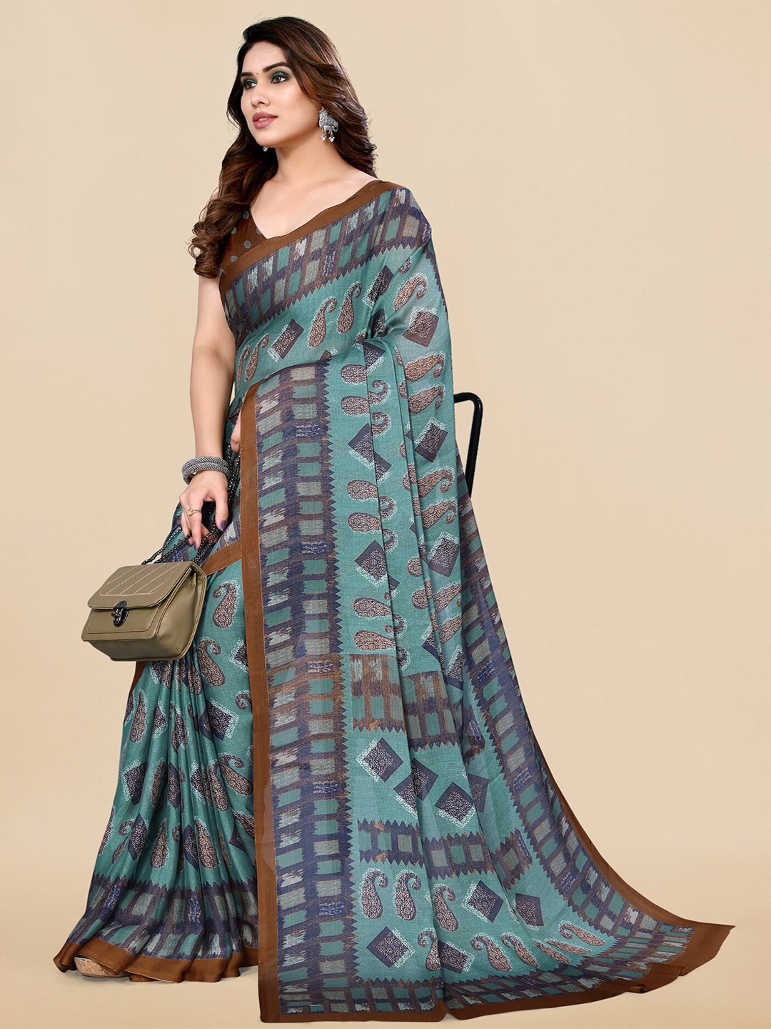 

KALINI Paisley Printed Saree, Teal