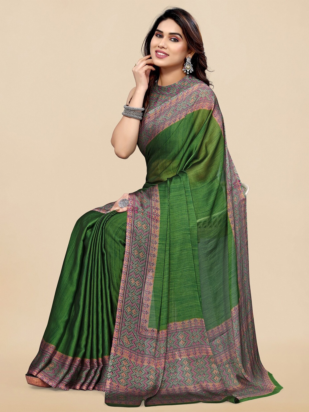 

KALINI Printed Border Saree, Green