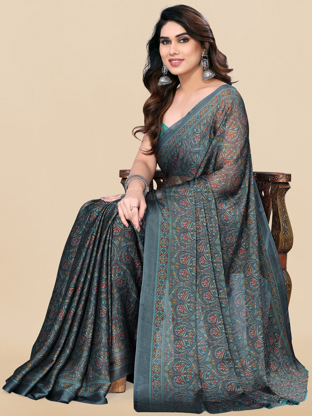 

KALINI Kalamkari Printed Saree, Grey