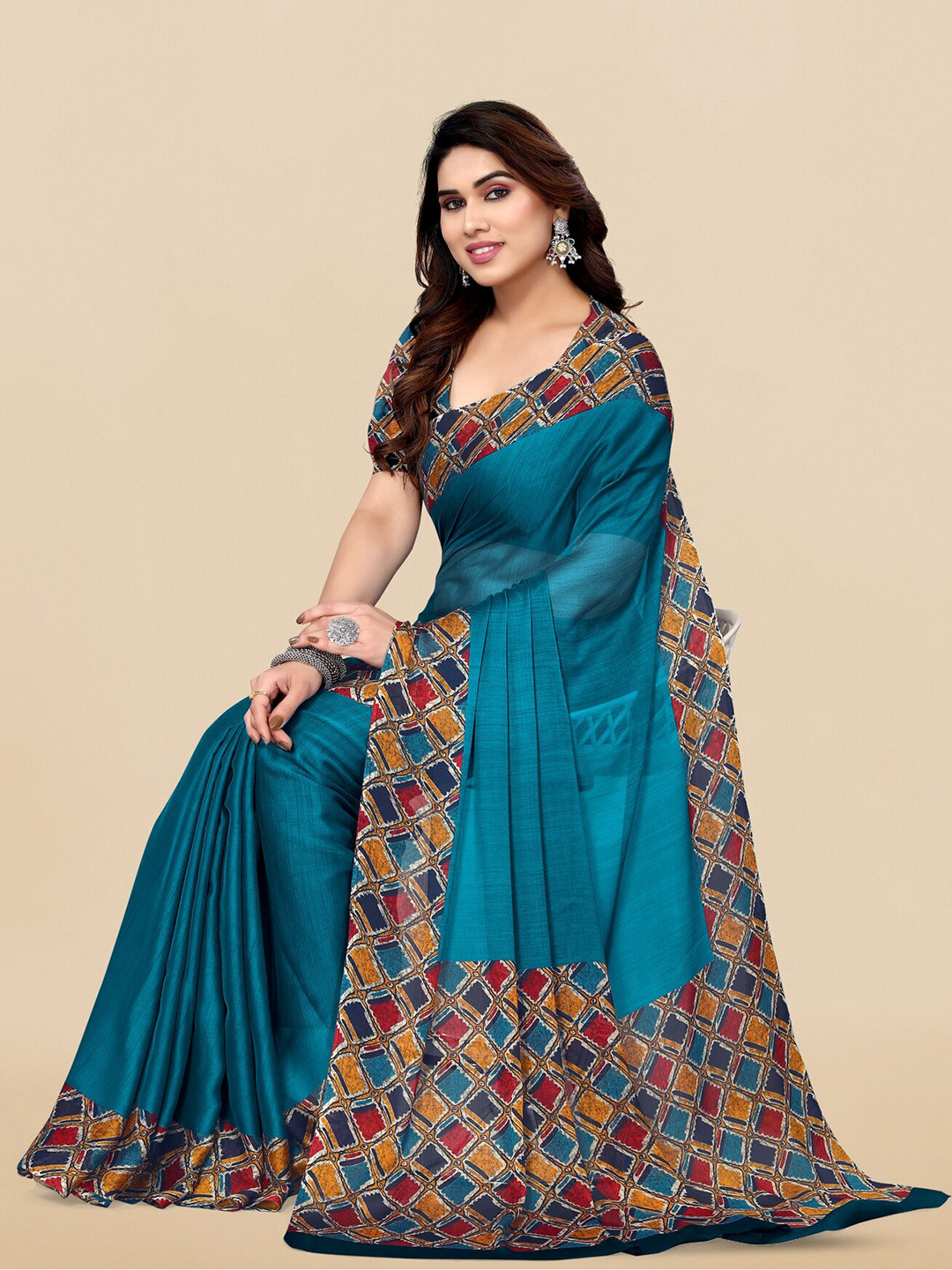 

KALINI Geometric Printed Saree, Turquoise blue