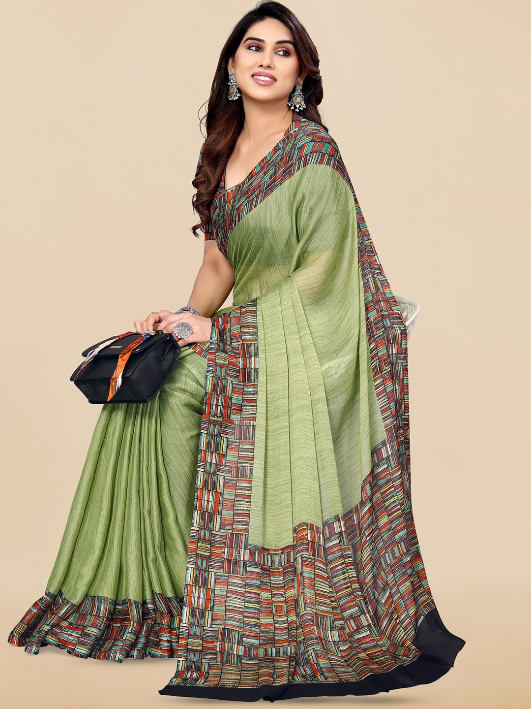 

KALINI Printed Border Saree, Olive