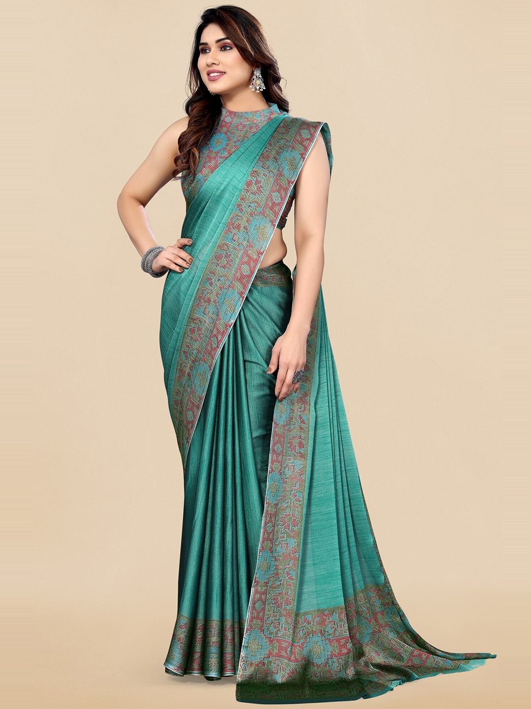 

KALINI Printed Border Saree, Teal