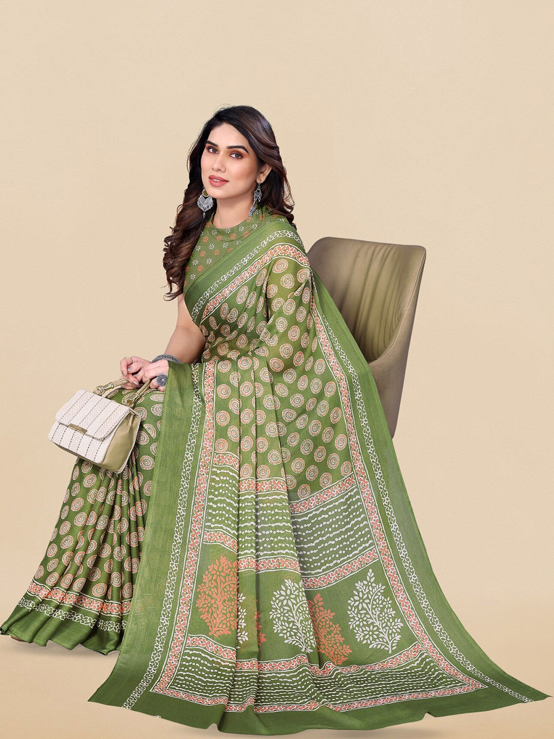 

KALINI Ethnic Motifs Block Printed Saree, Olive