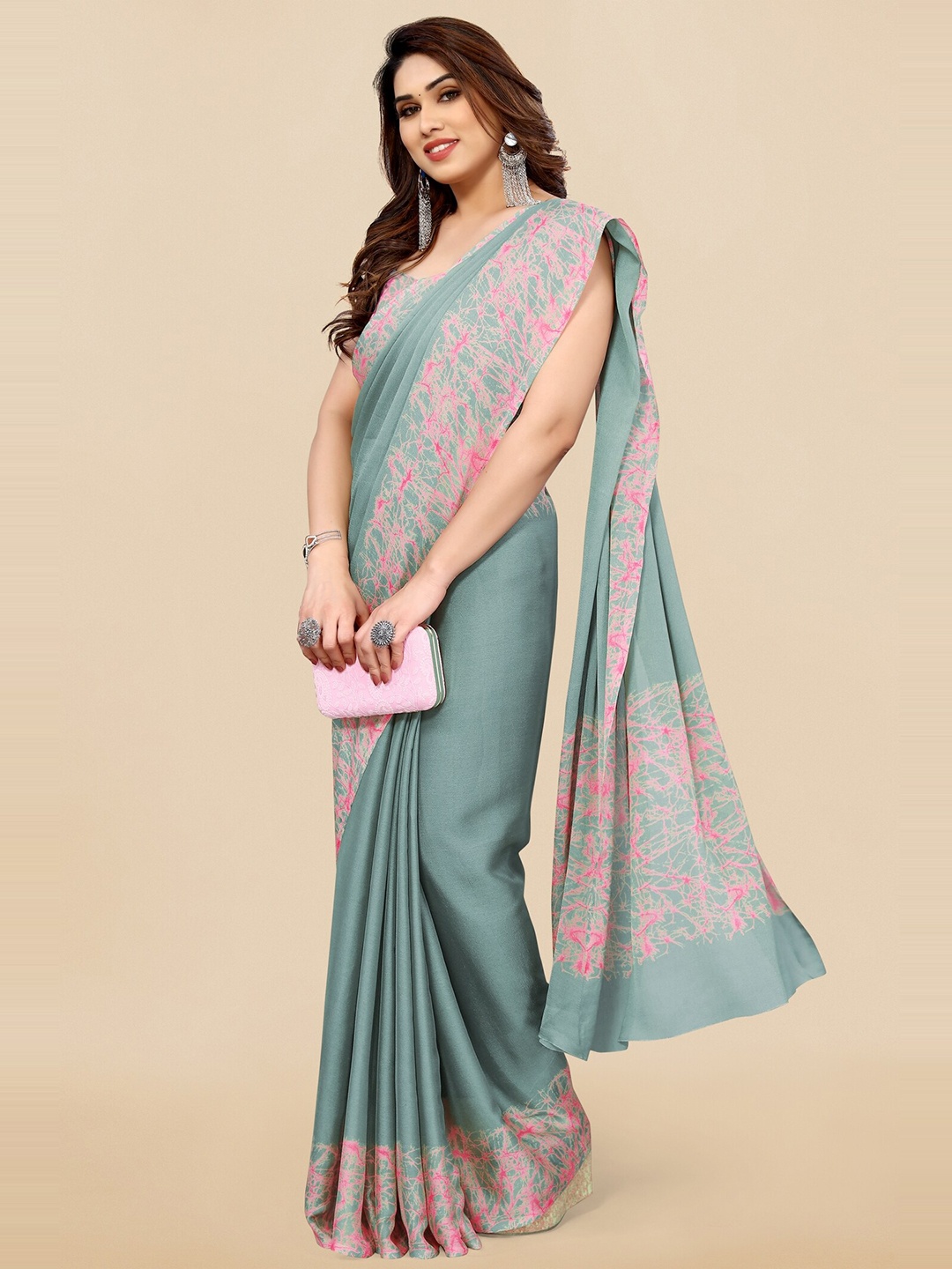 

KALINI Printed Border Saree, Teal