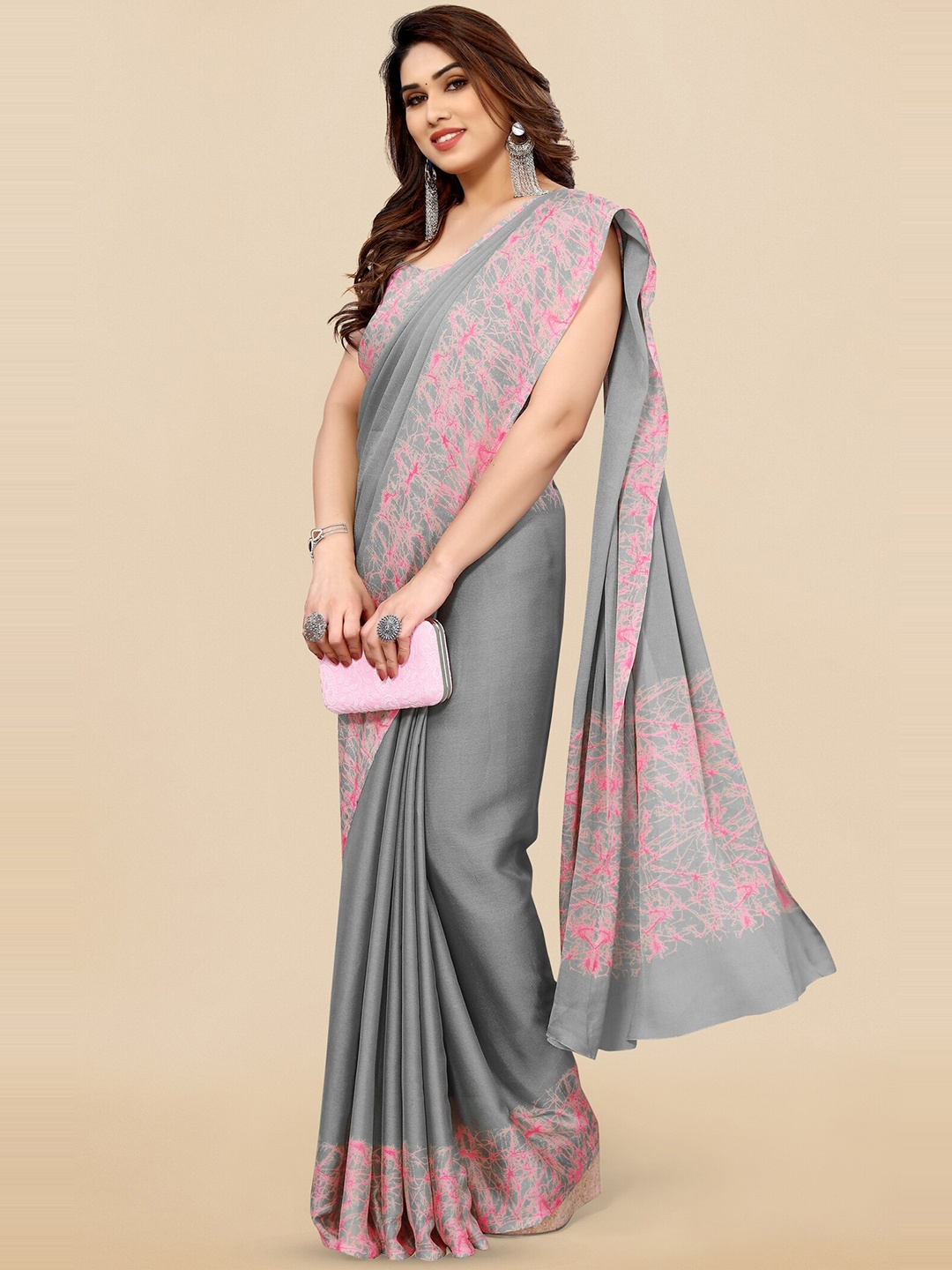 

KALINI Printed Border Saree, Grey