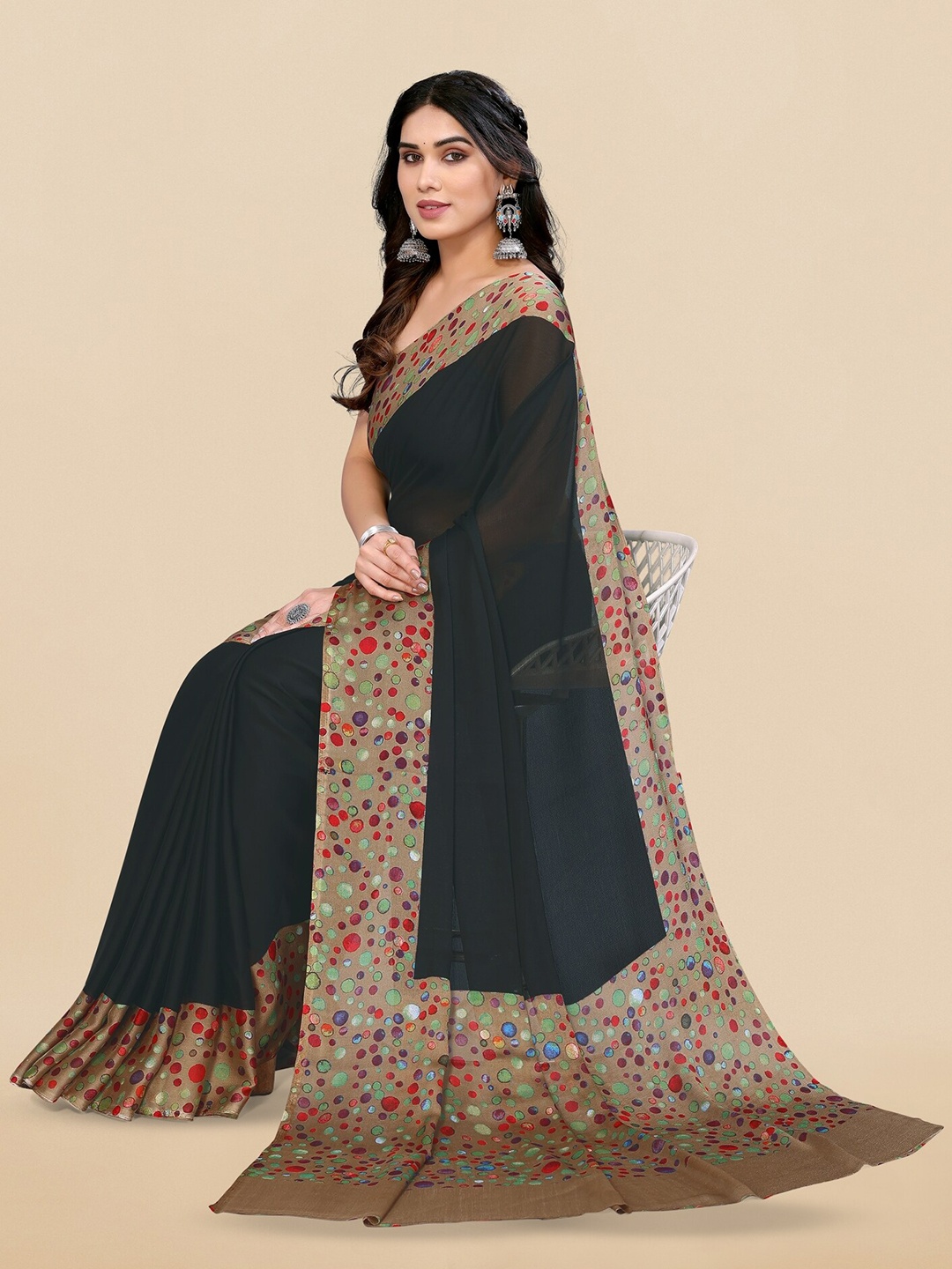 

KALINI Printed Border Saree, Black