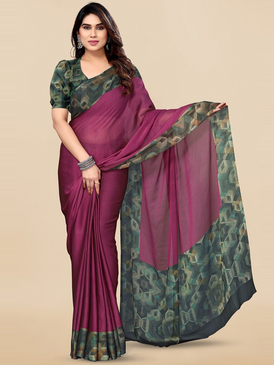 

KALINI Printed Border Saree, Purple