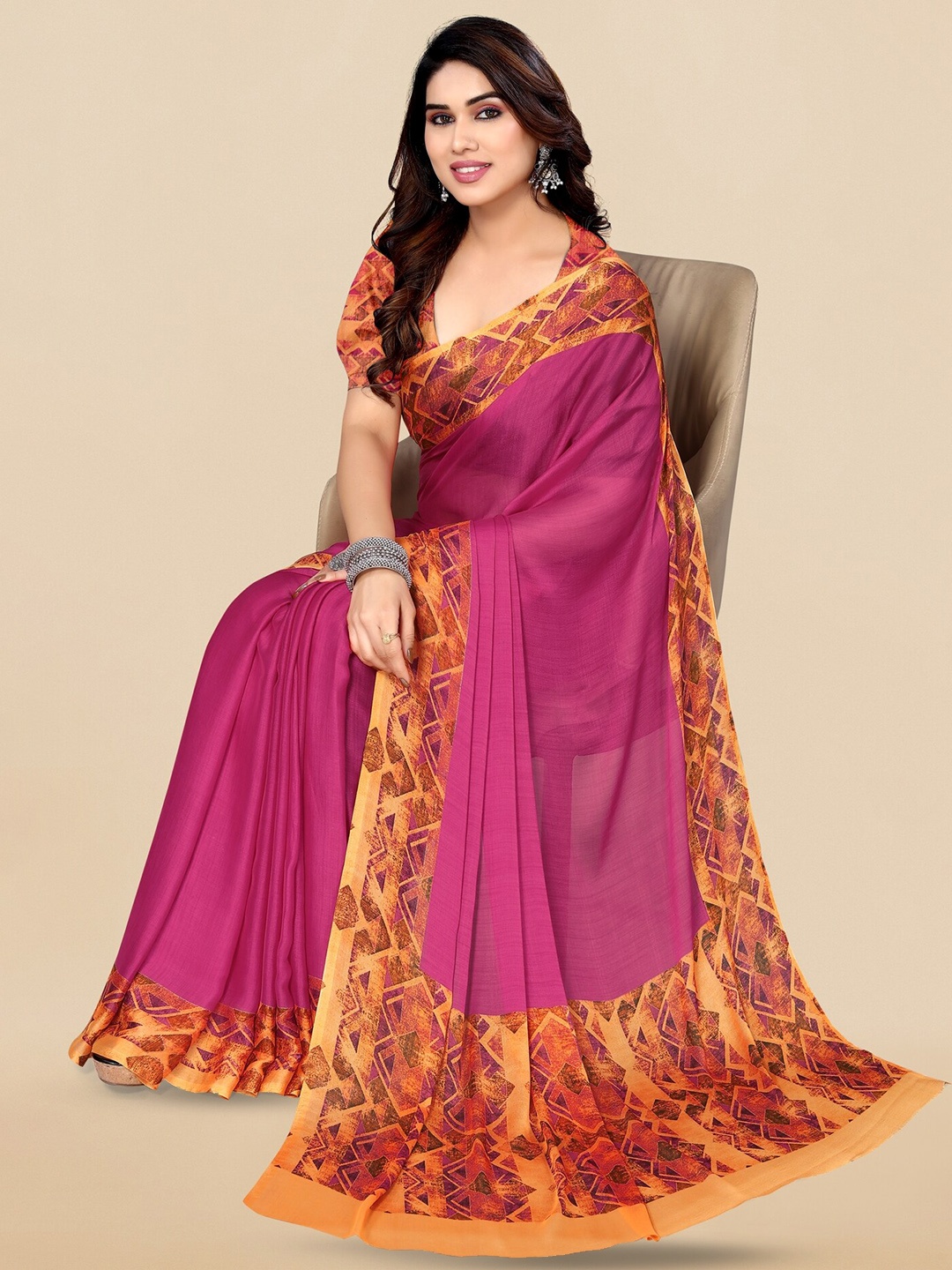 

KALINI Printed Border Saree, Pink