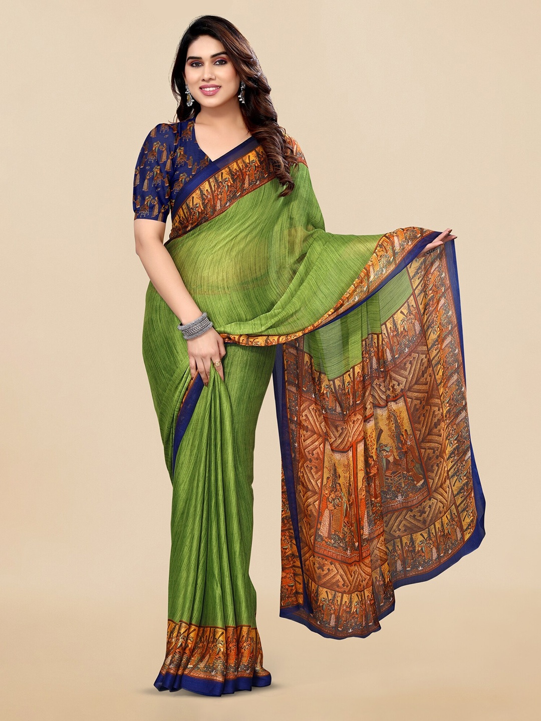 

KALINI Striped Saree, Green