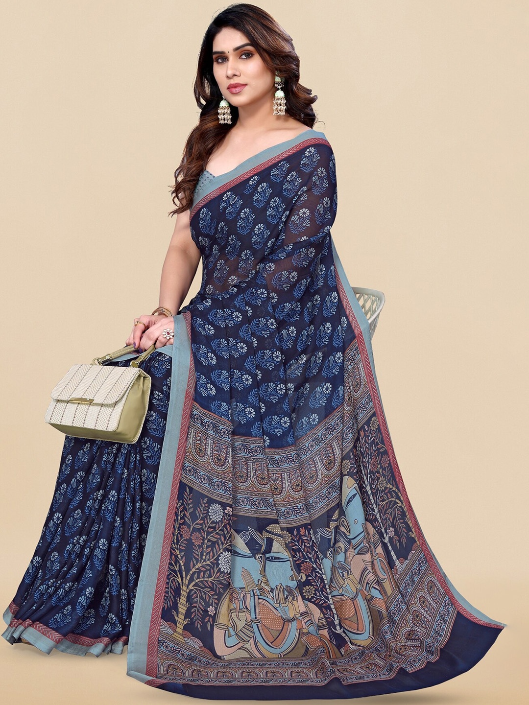 

KALINI Ethnic Motifs Printed Saree, Navy blue