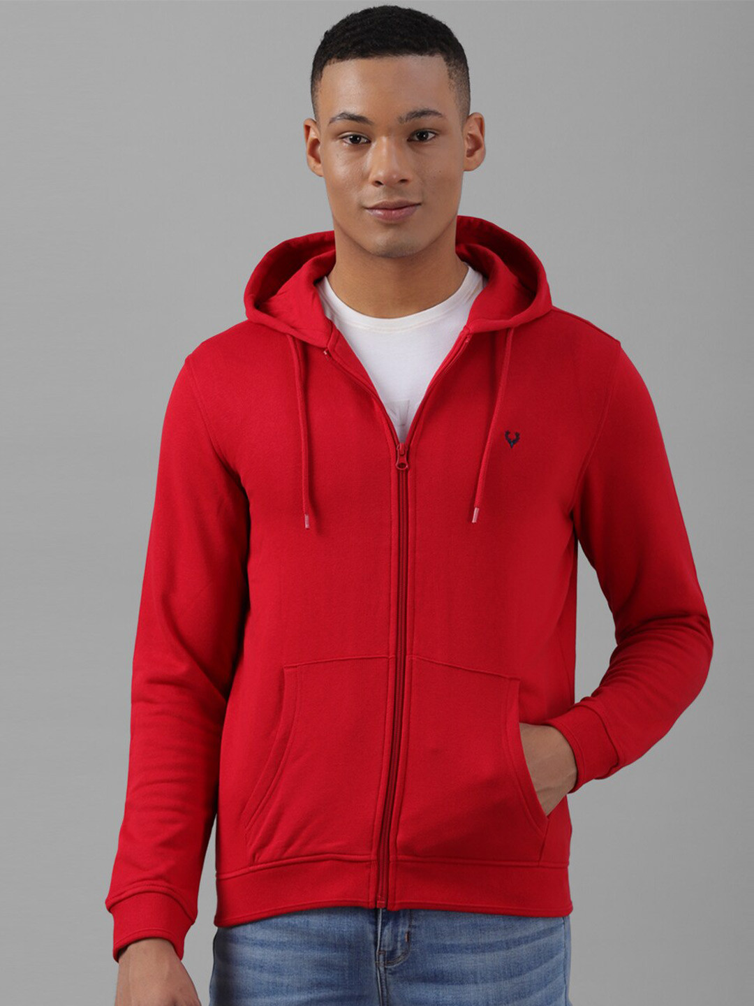 

Allen Solly Hooded Zip Front-Open Kangaroo Pocket Ribbed Sweatshirt, Red