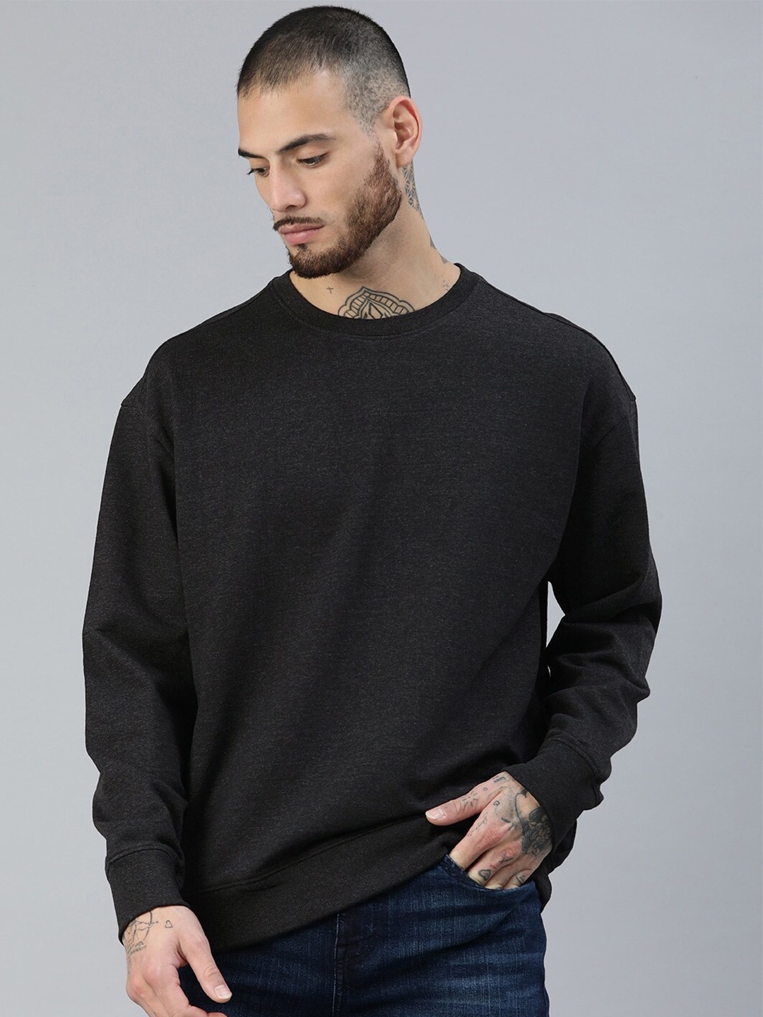 

Roadster Round Neck Long Sleeves Cotton Slim Fit Sweatshirts, Charcoal