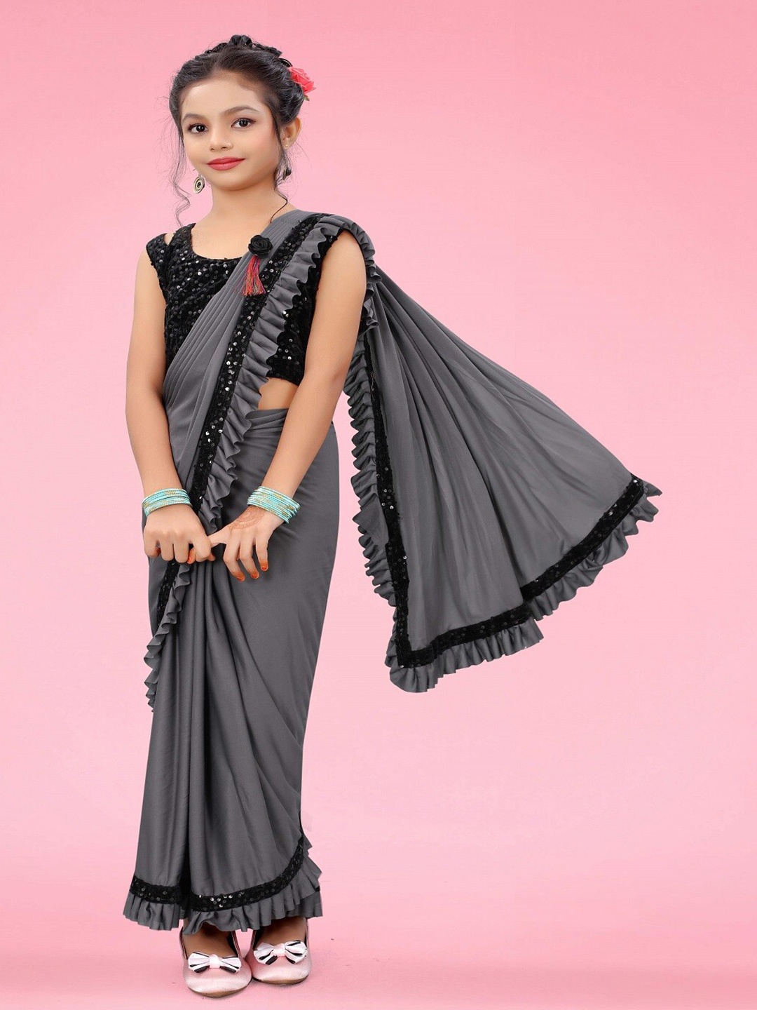 

BAESD Ruffled Sequinned Ready To Wear Saree, Grey