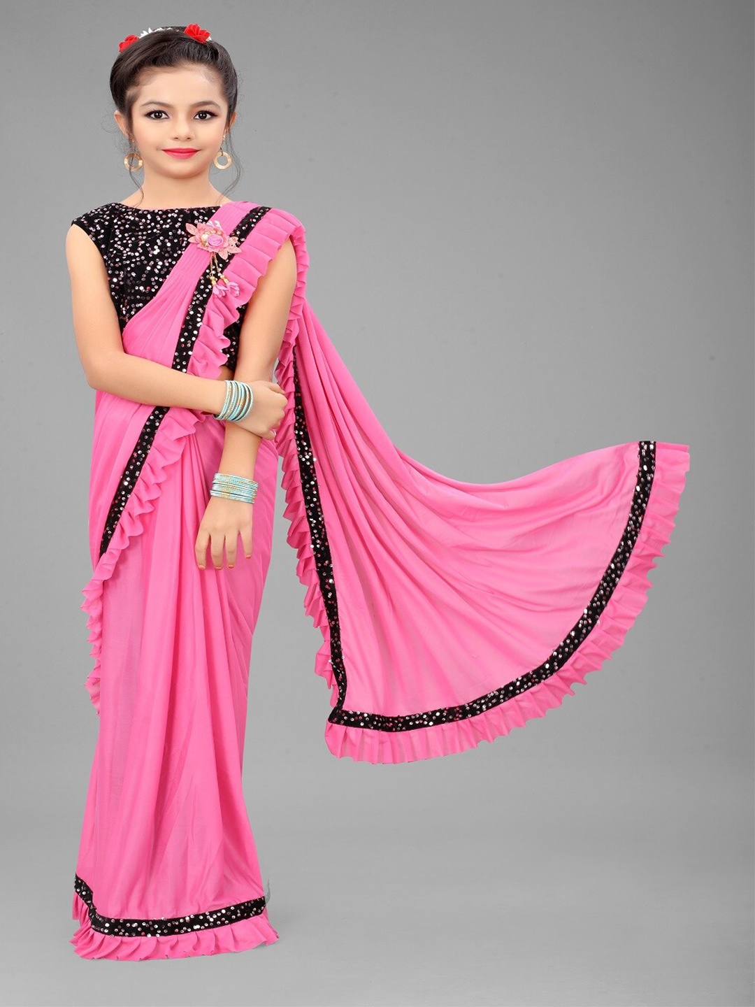 

BAESD Girls Sequinned Saree, Pink