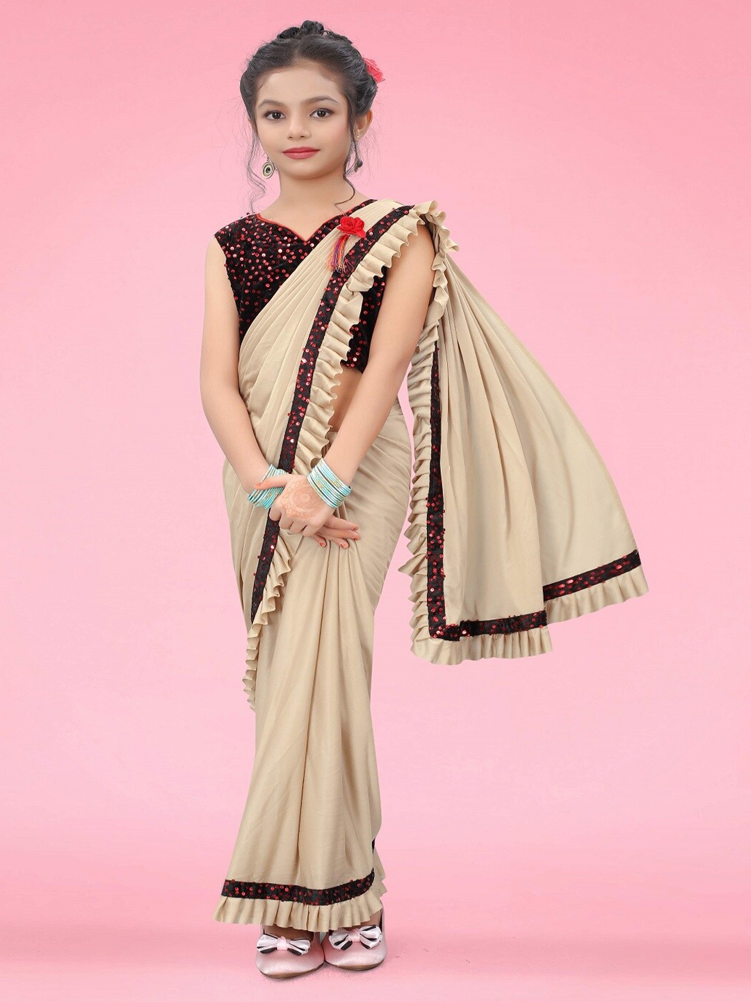 

BAESD Girls Sequinned Saree, Beige