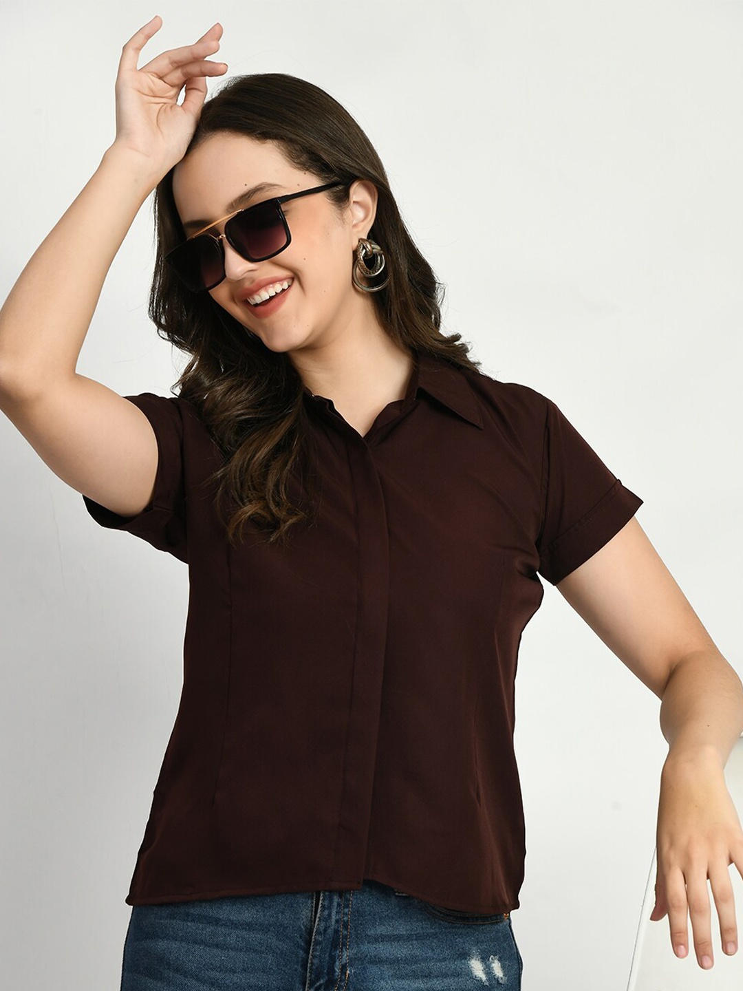 

KALINI Comfort Short Sleeves Casual Shirt, Brown