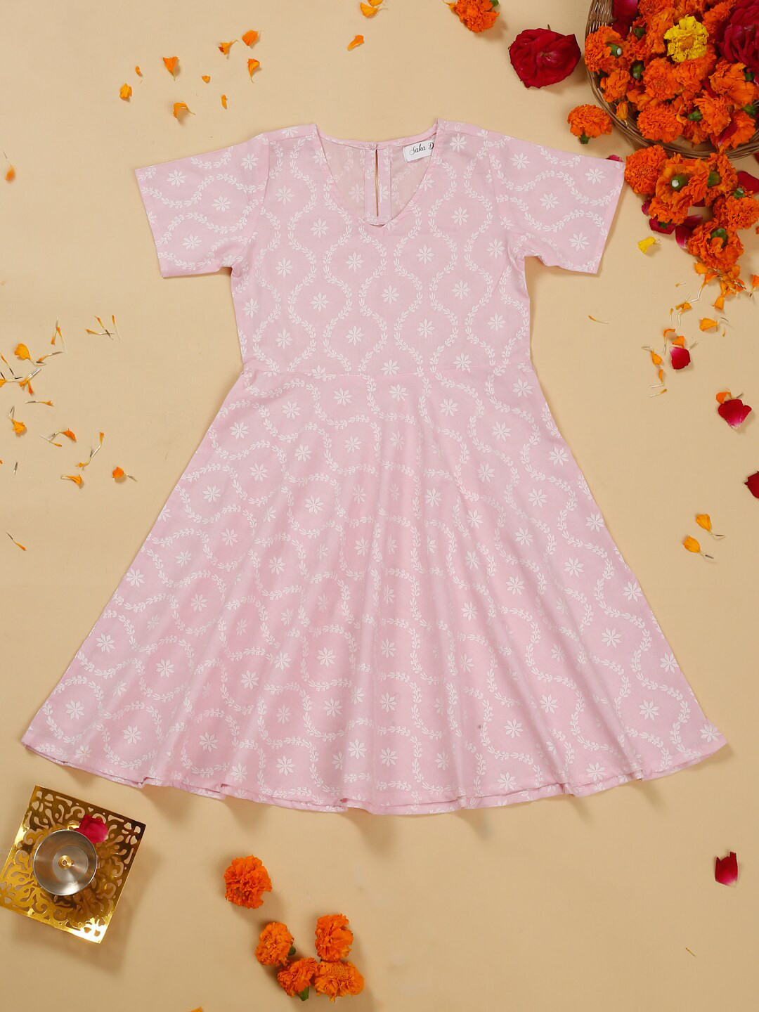 

SAKA DESIGNS Girls Ethnic Motifs Printed Pure Cotton Anarkali Kurta, Pink