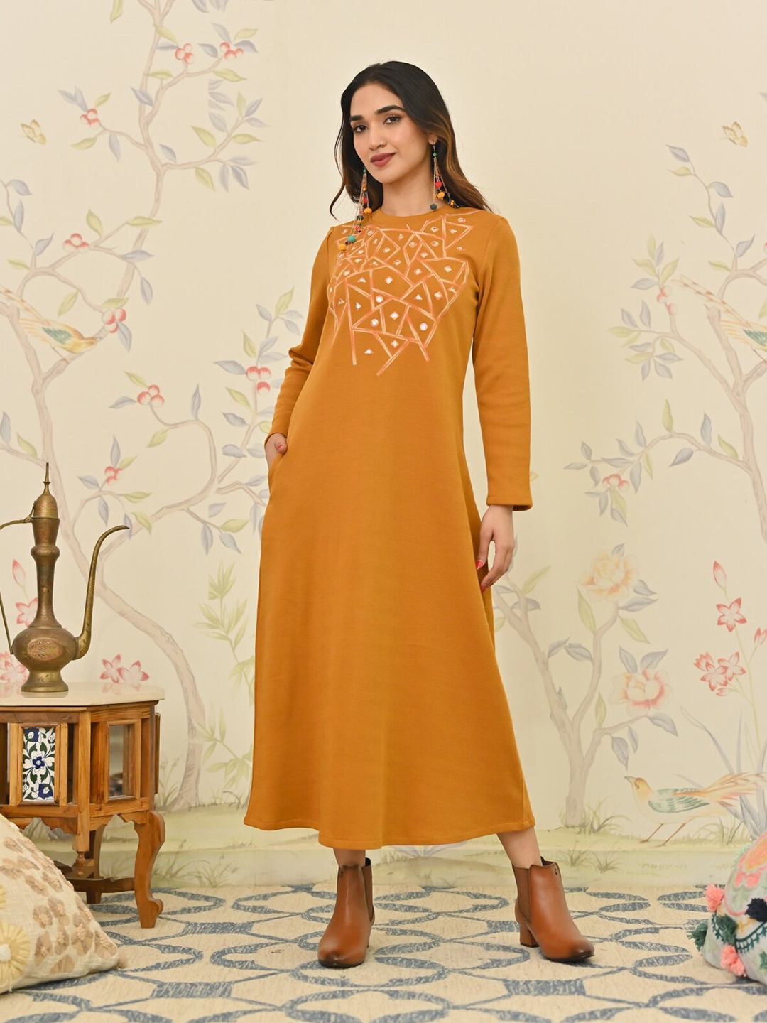 

Rustorange Floral Embellished Round Neck A-Line Maxi Flared Dress, Mustard