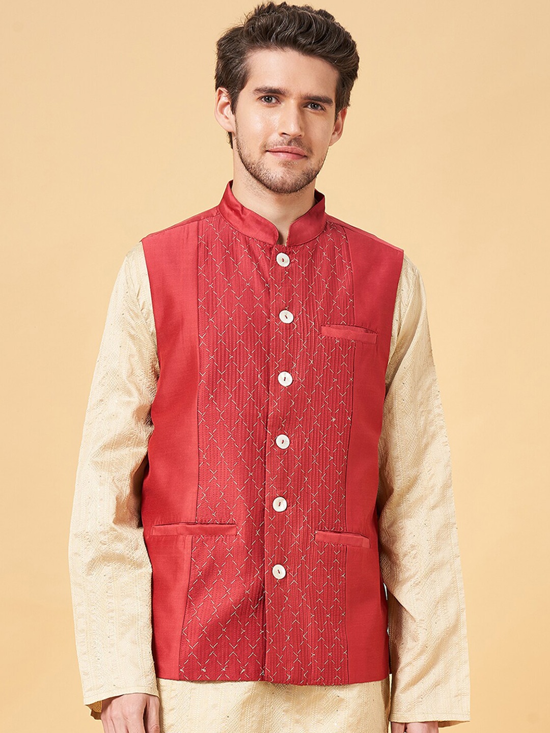 

indus route by Pantaloons Woven Design Nehru jacket, Rust