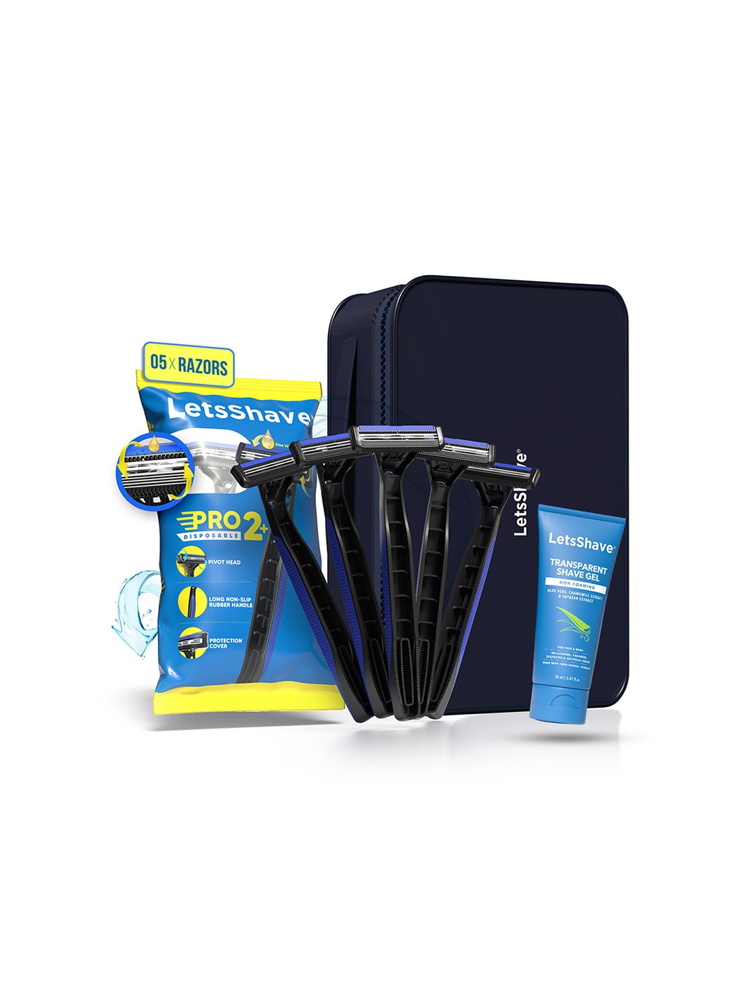 

LetsShave Set Of 7 Pro 2 Disposable Razor & Transparent Shave Gel - 30ml, Blue