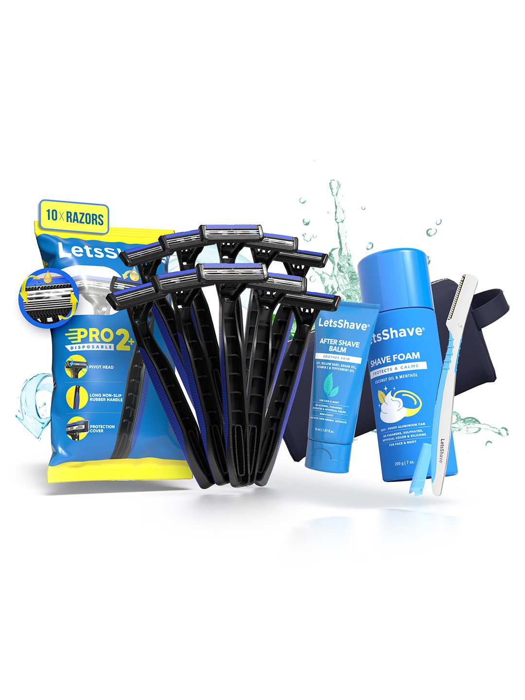 

LetsShave Set Of 14 Pro 2 Disposable Razor-Pro Styler-After Shave Balm-Shave Foam-Pouch, Blue