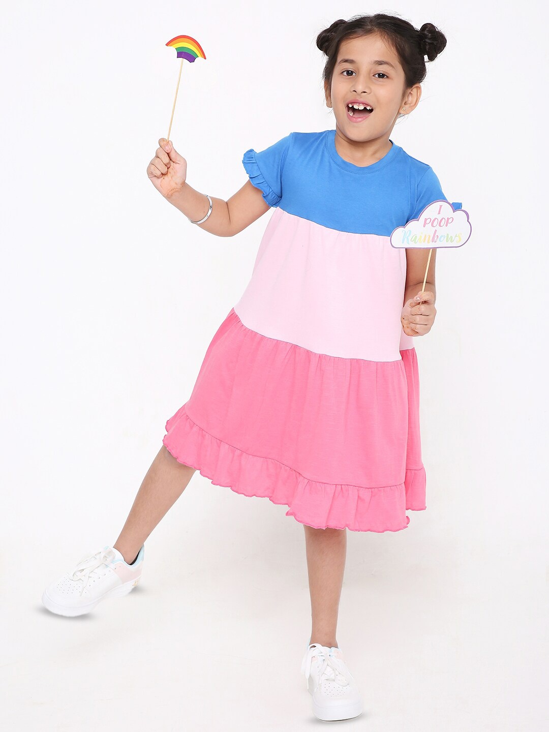

BLANCD Girls Round Neck Colourblocked Cotton A-Line Midi Dress, Pink