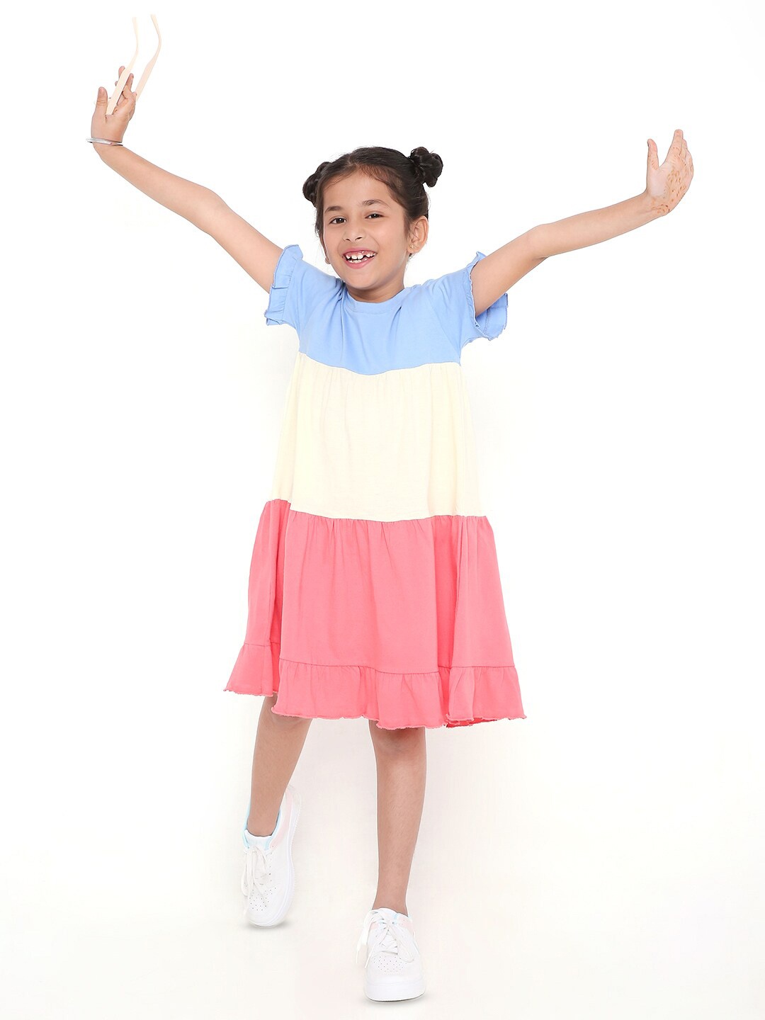 

BLANCD Girls Round Neck Colorblocked Cotton A-Line Dress, Blue