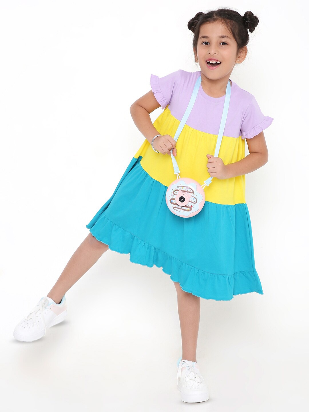 

BLANCD Girls Round Neck Colourblocked Cotton A-Line Dress, Purple