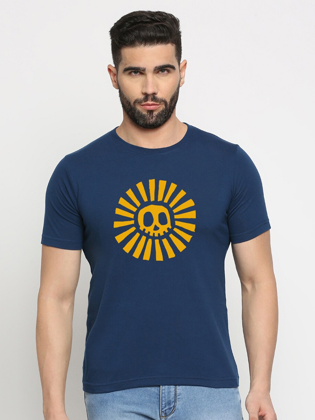 

MOD ECRU Round Neck Skull Printed Cotton T-shirt, Blue