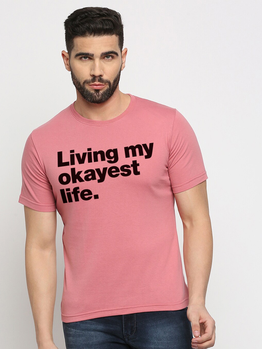 MOD ECRU Round Neck Typography Printed Cotton T-shirt, Pink