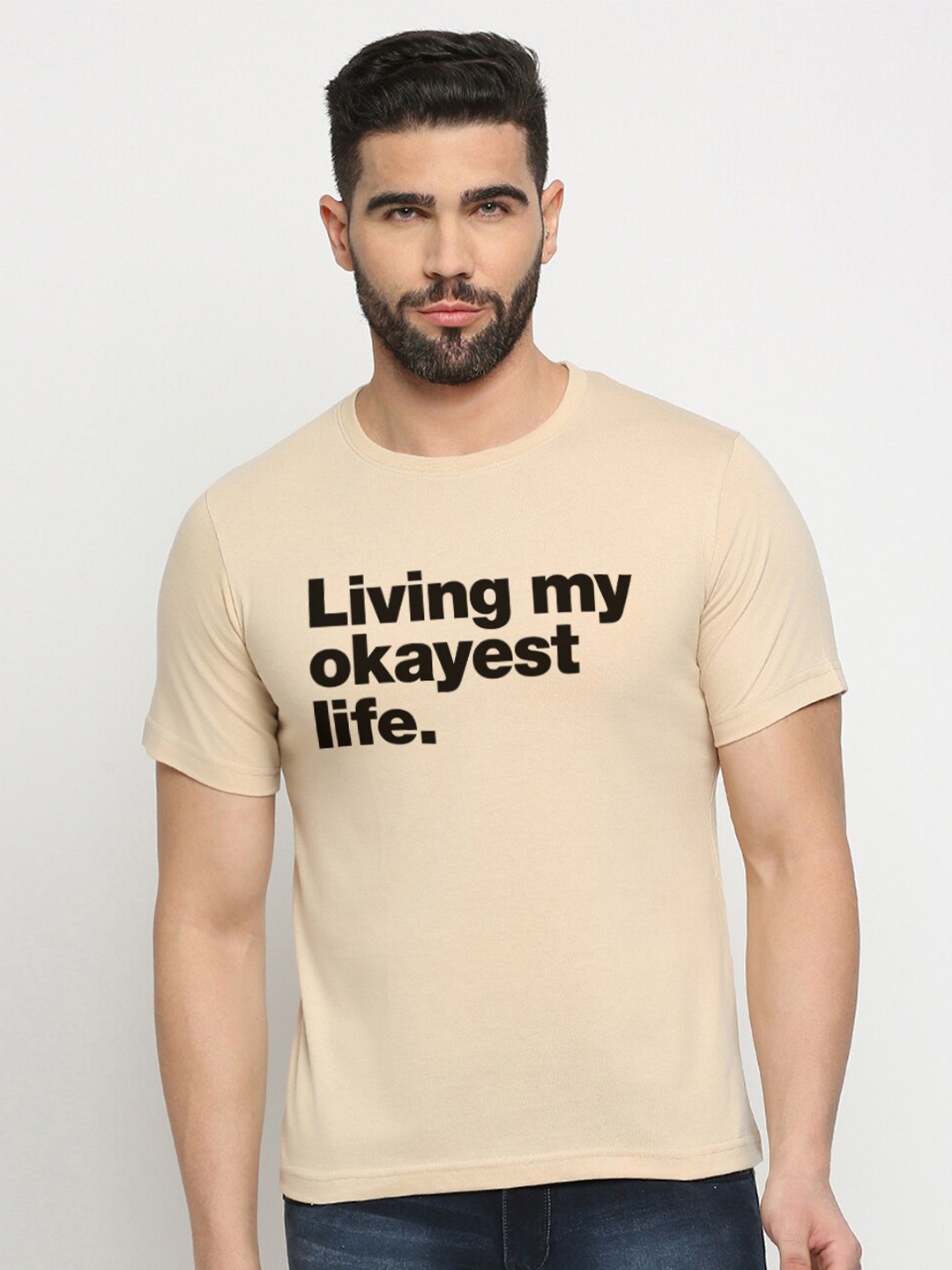 

MOD ECRU Round Neck Typography Printed Cotton T-shirt, Cream