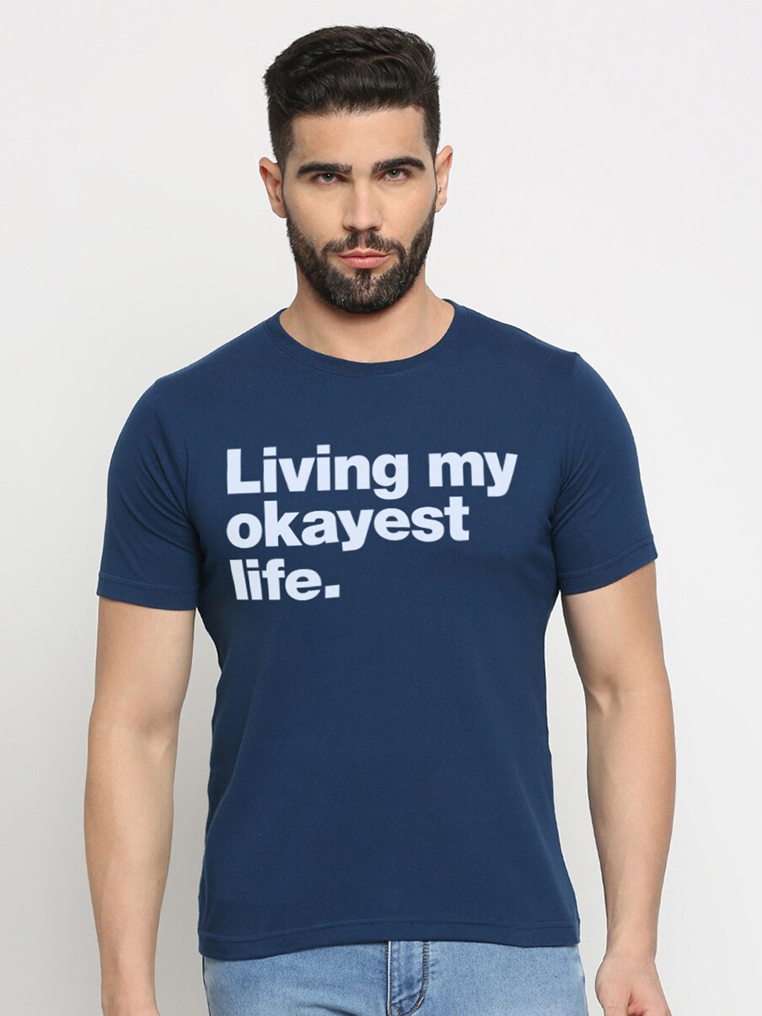 

MOD ECRU Round Neck Typography Printed Cotton T-shirt, Blue