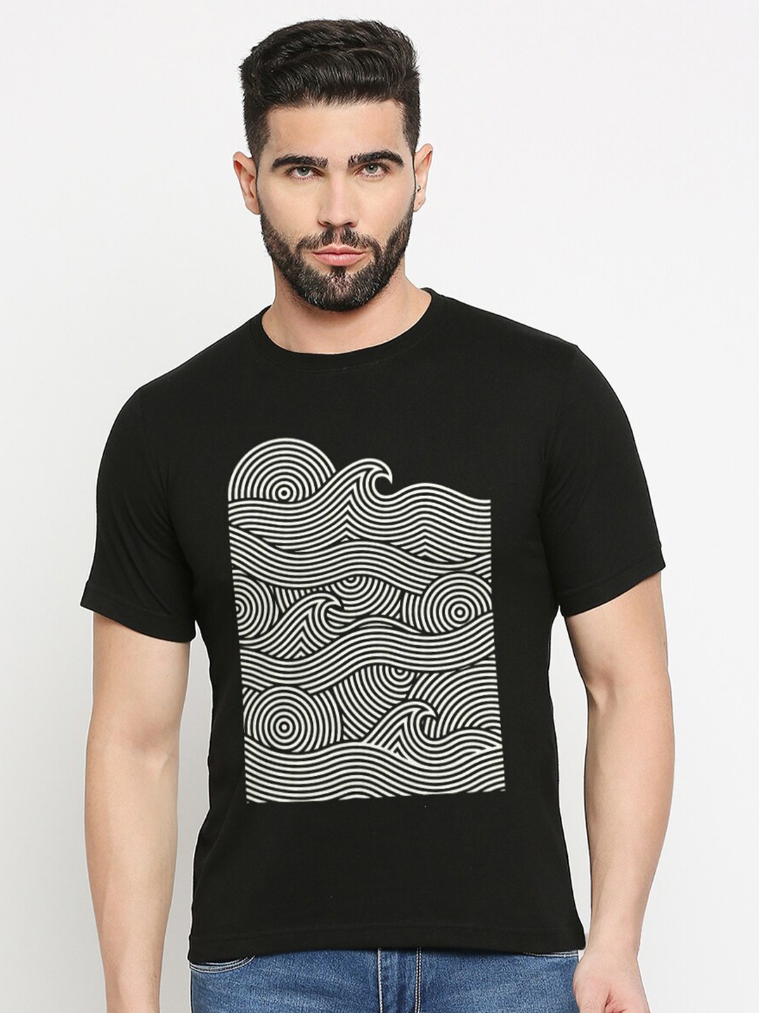 

MOD ECRU Round Neck Abstract Waves Printed Cotton T-shirt, Black