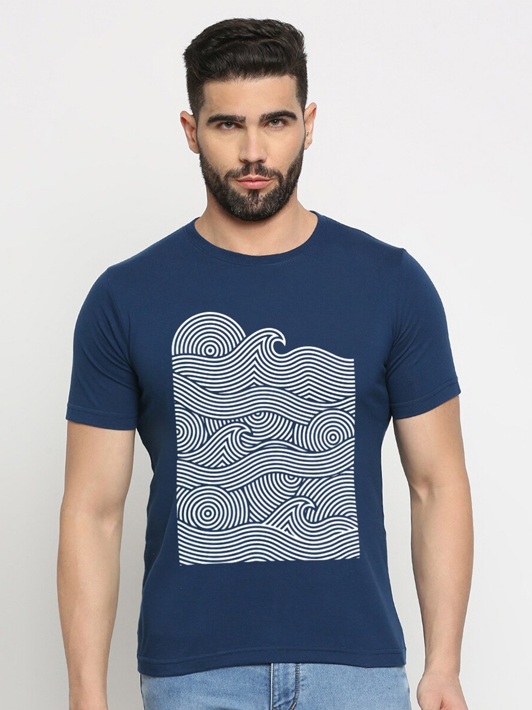 

MOD ECRU Round Neck Abstract Waves Printed Cotton T-shirt, Blue