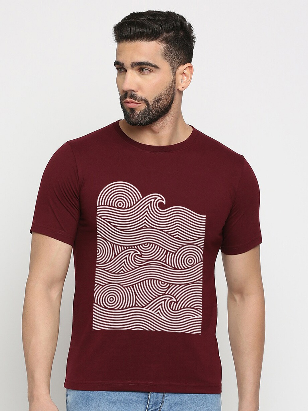 

MOD ECRU Unisex Abstract Waves Printed Cotton Regular T-shirt, Maroon