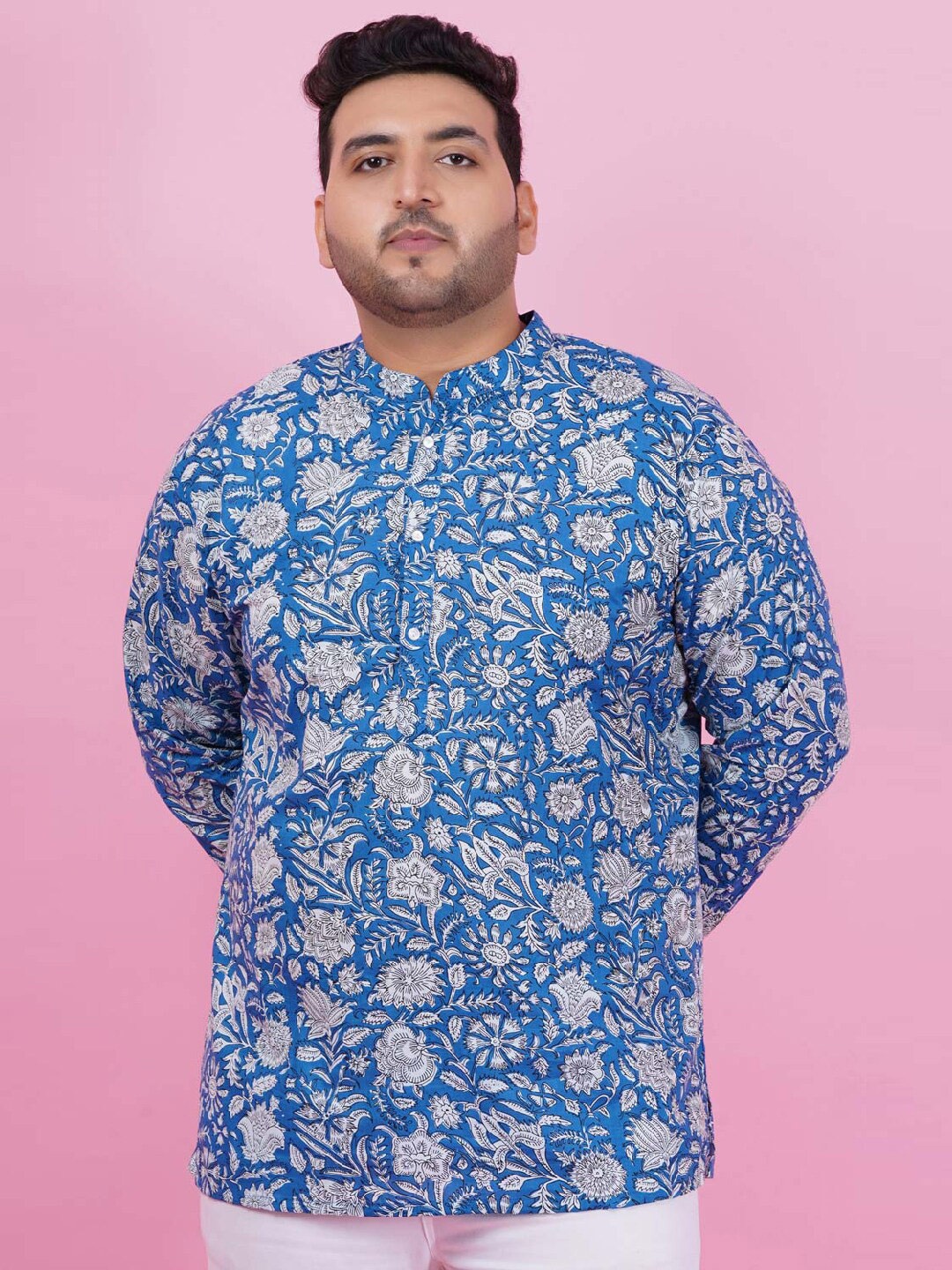 

LastInch Floral Printed Mandarin Collar Cotton Short Kurta, Blue