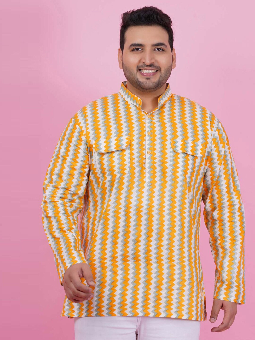 

LastInch Chevron Printed Band Collar Cotton Short Kurta, Yellow