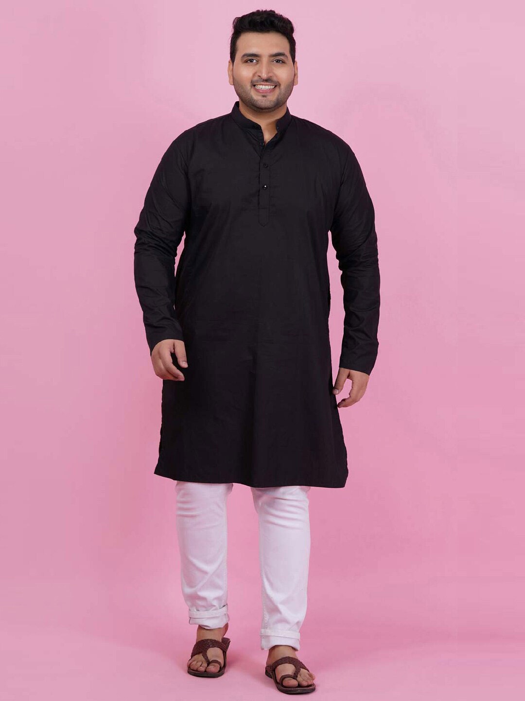 

LastInch Band Collar Cotton Straight Kurta, Black