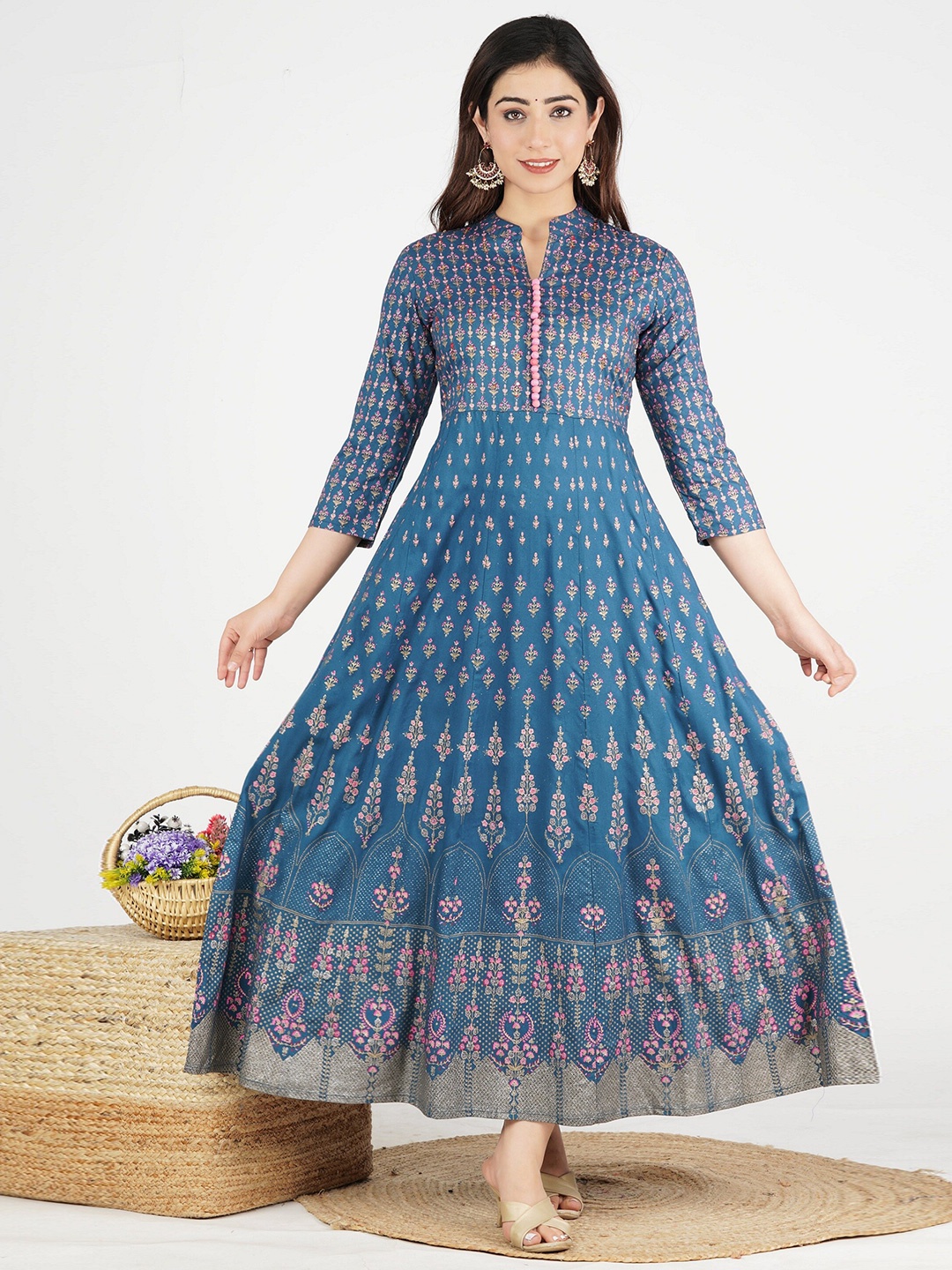 

KALINI Ethnic Motifs Printed Sequinned Mandarin Collar Fit & Flare Ethnic Dress, Navy blue