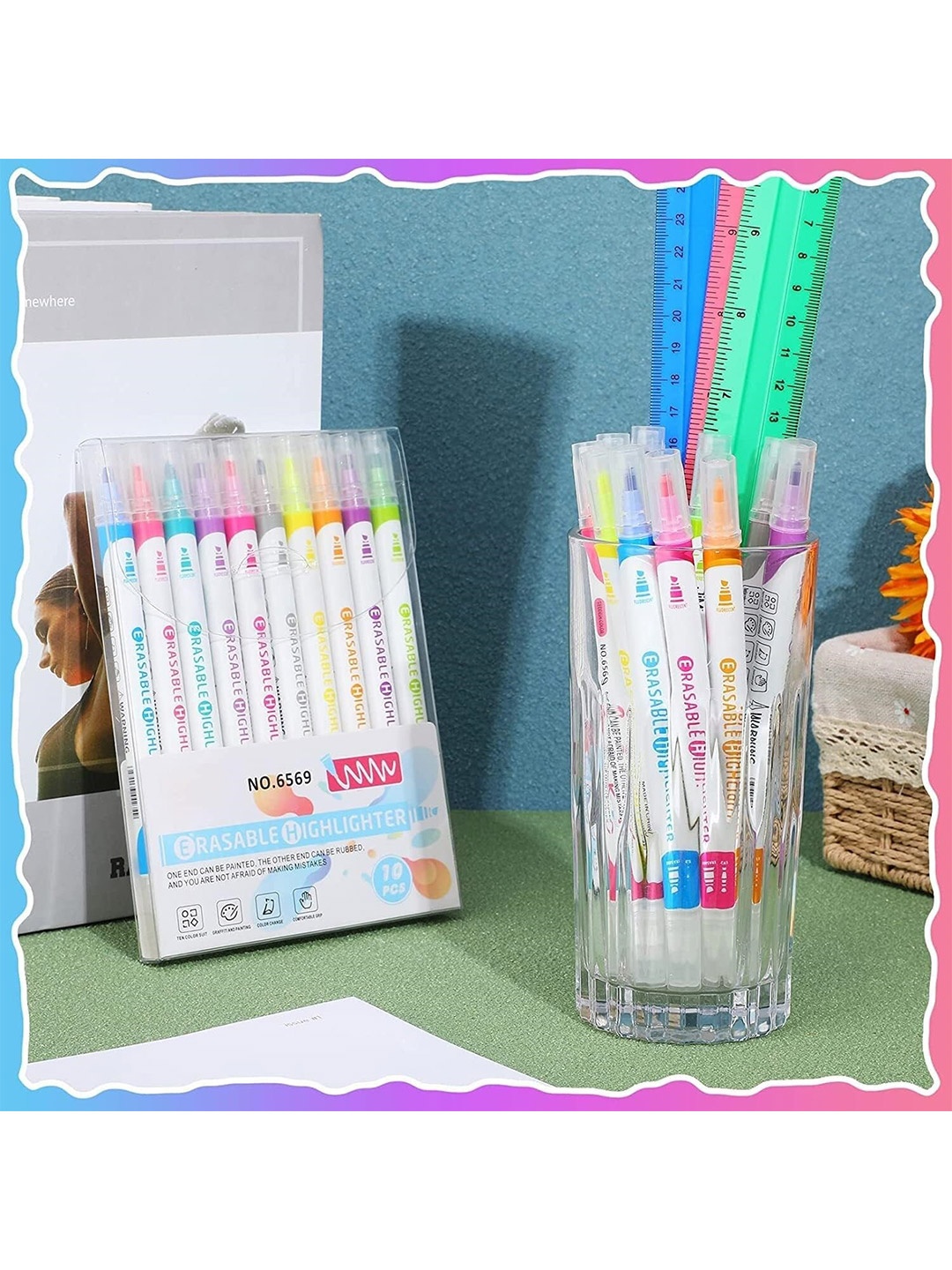

FEELHIGH 10-Pieces Erasable Highlighter Marker Color Pens, Pink