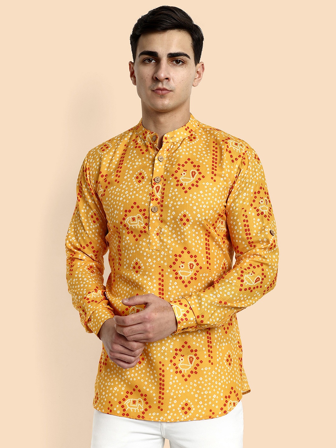 Vardha Ethnic Motifs Printed Mandarin Collar Cotton Short Kurta, Yellow