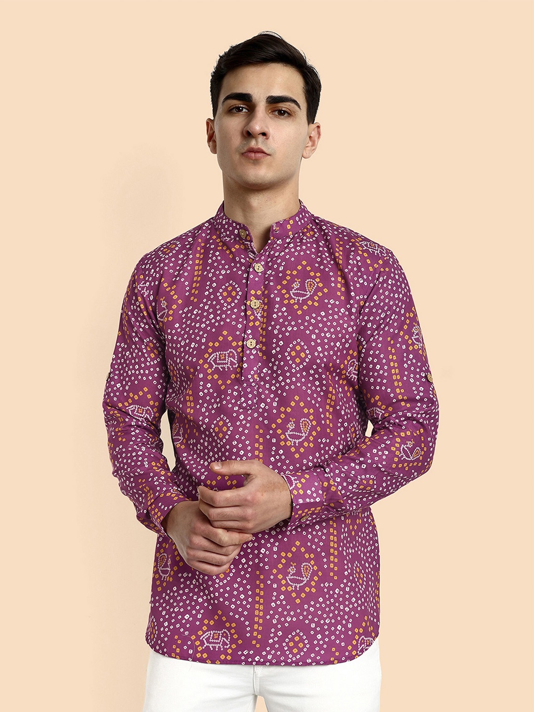 

Vardha Bandhani Printed Mandarin Collar Cotton Kurta, Purple