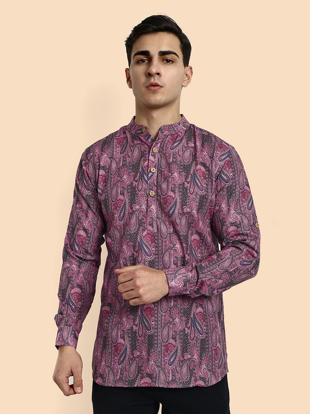 

Vardha Ethnic Motifs Printed Mandarin Collar Cotton Kurta, Pink