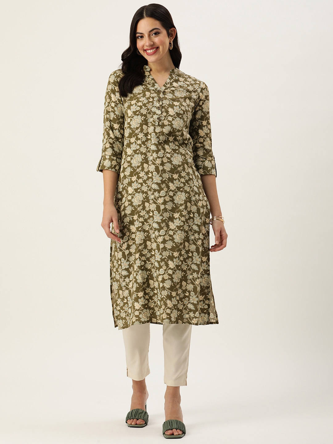 

AMUKTI Floral Printed Mandarin Collar Roll-Up Sleeves Kurta, Olive