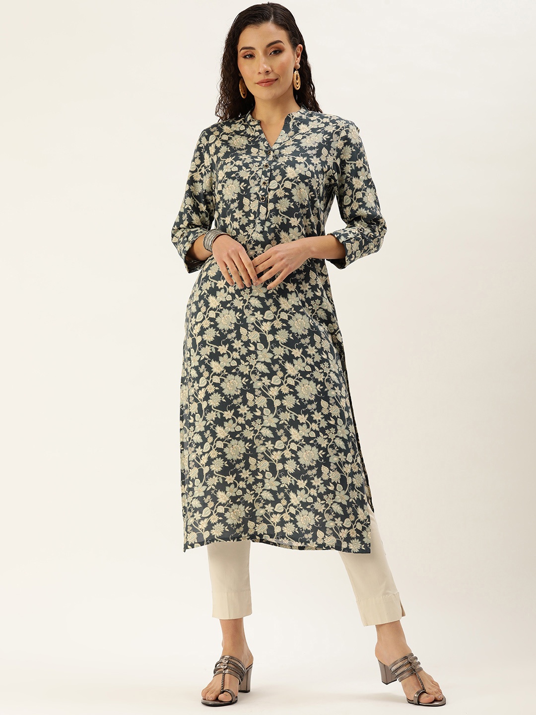 

AMUKTI Floral Printed Mandarin Collar Roll-Up Sleeves Kurta, Teal