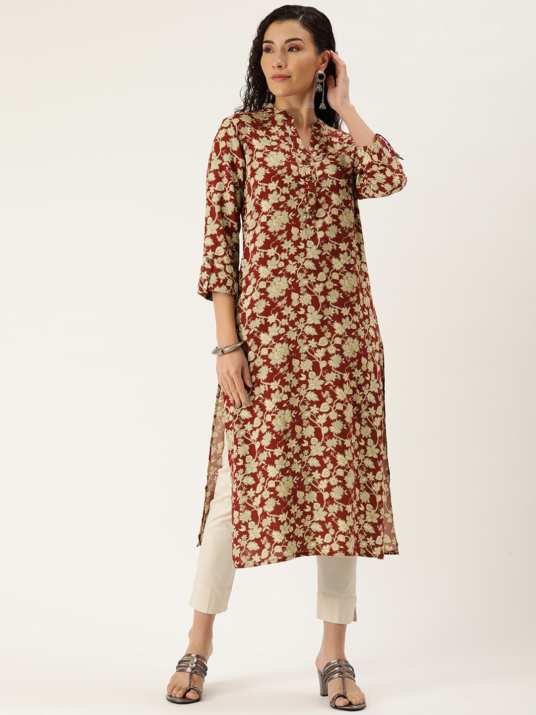 

AMUKTI Women Floral Printed Mandarin Collar Roll-Up Sleeves Kurta, Maroon
