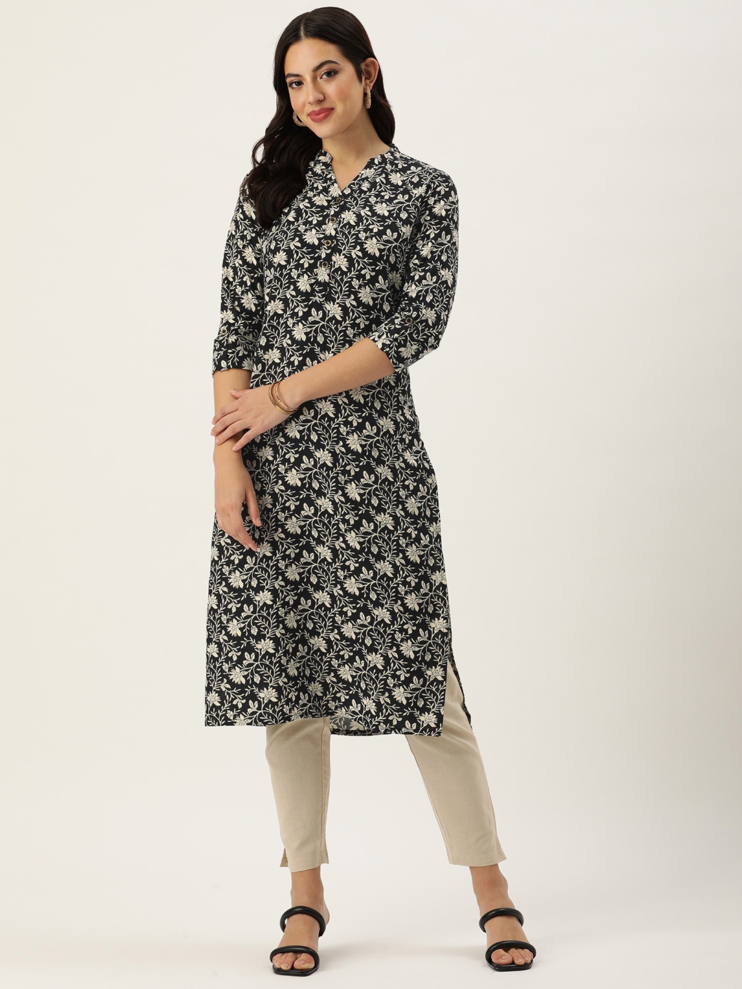 

AMUKTI Floral Printed Mandarin Collar Roll-Up Sleeves Kurta, Black