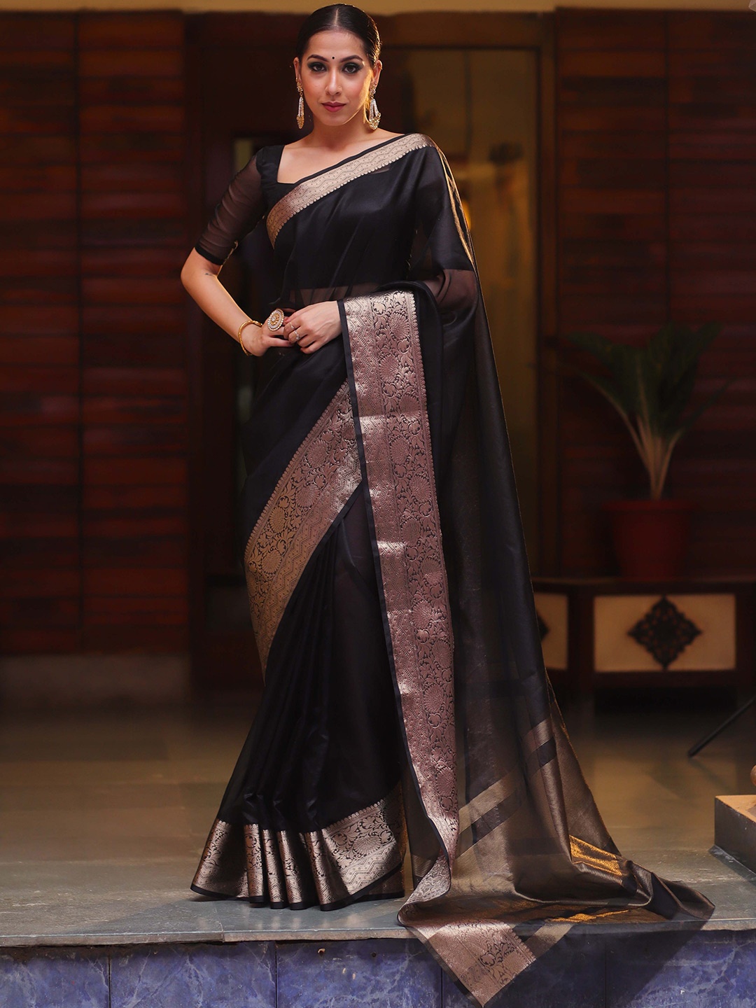 

Banarasee Ethnic Motifs Zari Organza Banarasi Saree, Black
