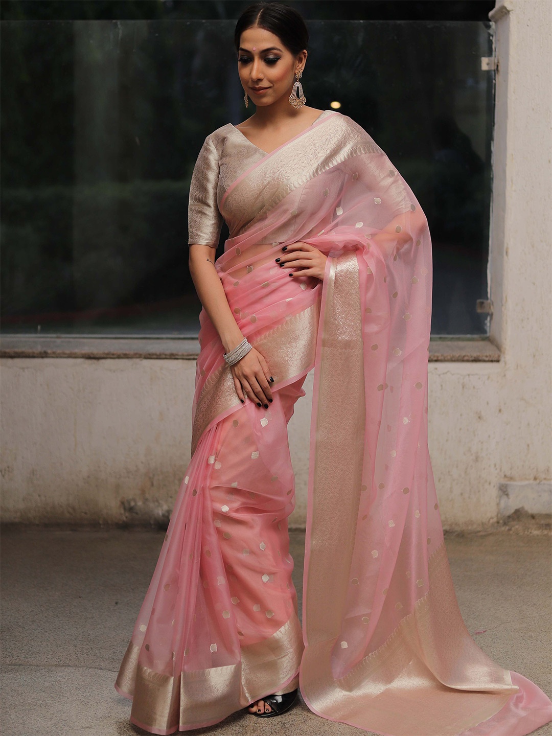 

Banarasee Ethnic Motifs Woven Design Zari Organza Banarasi Saree, Pink